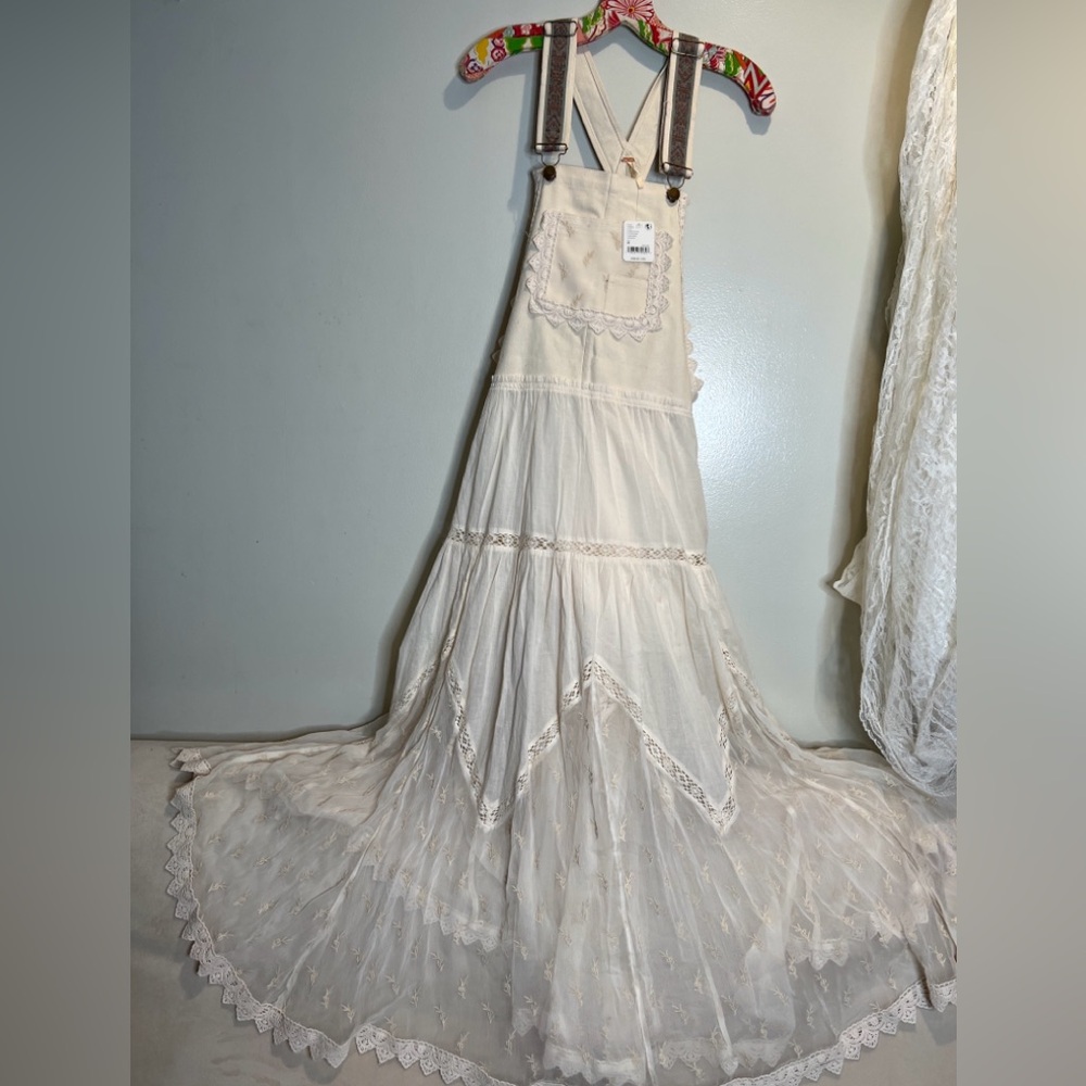 Free People Trails End Lace Crochet Vintage Overalls Maxi Dress Skirtall - Picture 4 of 6